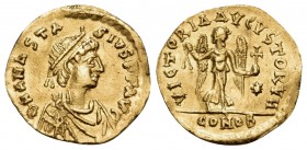 Anastasius I, 491-518. Tremissis (Gold, 14.5 mm, 1.39 g, 6 h), Constantinople, 492-518. D N ANASTA-SIVS P P AVC Diademed, draped and cuirassed bust of...