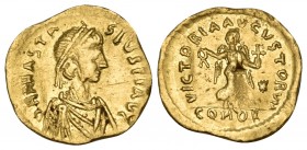 Anastasius I, 491-518. Tremissis (Gold, 15 mm, 1.51 g, 7 h), Constantinople, 492-518. D N ANASTA-SIVS P P AVG Diademed, draped and cuirassed bust of A...