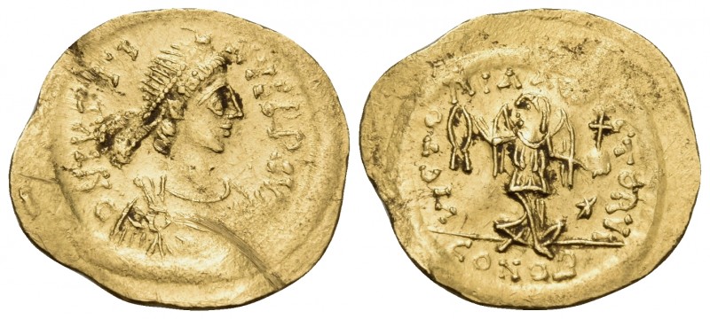 Justin II, 565-578. Tremissis (Gold, 16.5 mm, 1.51 g, 6 h), Constantinople. D N ...