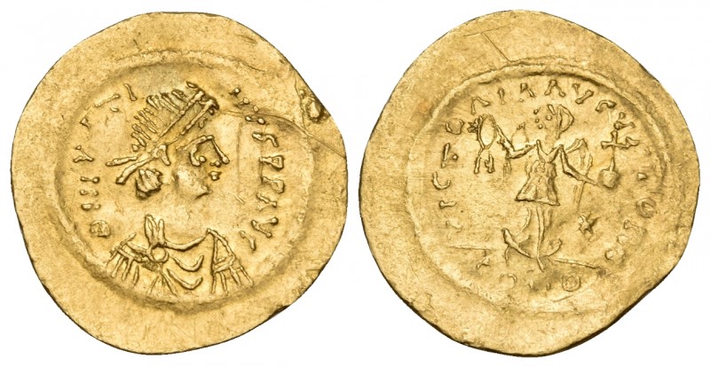 Justin II, 565-578. Tremissis (Gold, 18 mm, 1.47 g, 6 h), Constantinople. D N IV...