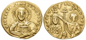 John I Zimisces, 969-976. Histamenon (Gold, 21 mm, 4.06 g, 6 h), Constantinople, 973-976. +IhS XIS REX REgNANTIhm Draped bust of Christ Pantocrator, b...