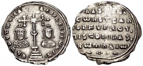 Basil II Bulgaroktonos, with Constantine VIII, 976-1025. Miliaresion (Silver, 24 mm, 2.50 g, 12 h), Constantinople, 977-989. En TOVTω nICA T' bASILEI ...