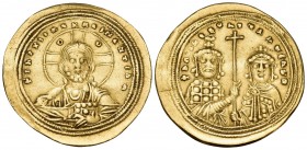 Basil II Bulgaroktonos, with Constantine VIII, 976-1025. Histamenon nomisma (Gold, 26 mm, 4.40 g, 7 h), Constantinople, 1001-1025. +IhS XIS REX REGNAN...