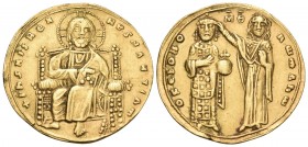 Romanus III Argyrus, 1028-1034. Histamenon (Gold, 22 mm, 4.52 g, 5 h), Constantinople. +IhS XIS REX REGNANTIhM Christ Pantokrator seated facing on thr...