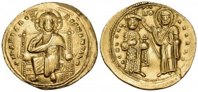 Romanus III Argyrus, 1028-1034. Histamenon (Gold, 24 mm, 4.41 g, 6 h), Constantinople. + ΙhS XIS REX REGNANTIhM Christ Pantocrator seated facing on th...