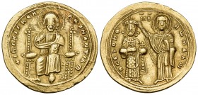 Romanus III Argyrus, 1028-1034. Histamenon (Gold, 24 mm, 4.42 g, 6 h), Constantinople. + ΙhS XIS REX REGNANTIhM Christ Pantocrator seated facing on th...