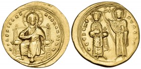 Romanus III Argyrus, 1028-1034. Histamenon (Gold, 23.5 mm, 4.42 g, 6 h), Constantinople. + ΙhS XIS REX REGNANTIhM Christ Pantocrator seated facing on ...