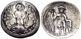 Constantine IX Monomachus, 1042-1055. Miliaresion (Silver, 25 mm, 2.22 g, 6 h), Constantinople. +ΔЄCΠOI NA CWZOIC / MHP ΘΥ Τhe Virgin, orans and nimba...