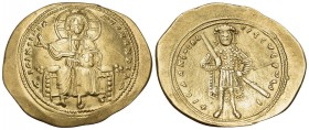 Isaac I Comnenus, 1057-1059. Histamenon (Gold, 27 mm, 4.34 g, 6 h), Constantinople. +IhS XIS REX REGNANTIhM Christ, nimbate, seated facing on backless...