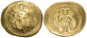 Isaac I Comnenus, 1057-1059. Histamenon (Gold, 26 mm, 4.41 g, 6 h), Constantinople. +IhS XIS REX RCNANTIhM Christ, nimbate, seated facing on backless ...