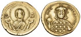 Constantine X Ducas, 1059-1067. Tetarteron (Gold, 19 mm, 4.03 g, 6 h), Constantinople. ΜΗΡ - ΘV Nimbate bust of the Virgin, orans, facing. Rev. KѠN RA...