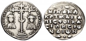 Michael VII Ducas, with Maria, 1071-1078. Miliaresion (Silver, 22 mm, 1.85 g, 12 h), Constantinople. EN TOΥTω NIKATE MIXAHΛ KAI MAPIA Cross crosslet w...