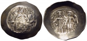 Isaac II Angelus, first reign, 1185-1195. Aspron Trachy (Electrum, 28 mm, 3.59 g, 6 h), Constantinople. MHP - ΘV The Virgin, orans, enthroned facing; ...