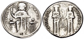 Andronicus II Palaeologus, with Michael IX, 1282-1328. Basilikon (Silver, 22 mm, 2.18 g, 6 h), Constantinople, 1304-1320. KYPIE BOHΘEI / IC - XC Chris...