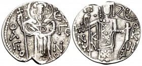 Manuel I Comnenus, emperor of Trebizond, 1238-1263. Asper (Silver, 22 mm, 2.87 g, 6 h), Trebizond. O AΓΙΟ ΕVΓENIO St. Eugenius standing facing, holdin...