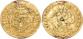 AUSTRIA. Salzburg. Leopold Anton von Firmian, Archbishop, 1727-1744. 1/4 Ducat (Gold, 13.5 mm, 0.86 g, 12 h), dated 1740. LEOPOLDVS D G ARCHIEP SAL Co...