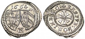 GERMANY. Nürnberg (Stadt). Kreuzer (Silver, 17.5 mm, 0.92 g, 12 h), struck under the mint master Georg Nürnberger, dated 1664. Date over city's coat o...