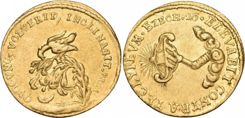 GERMANY. Nuremberg (?). 1697. 1/2 Ducat (Gold, 17 mm, 1.73 g, 12 h), on the Peac...