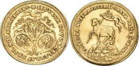 GERMANY. Nuremberg. 1700. Ducat (Gold, 23 mm, 3.44 g, 12 h), on the new century, mint master Georg Friedrich Nürnberger, with the date given in chrono...