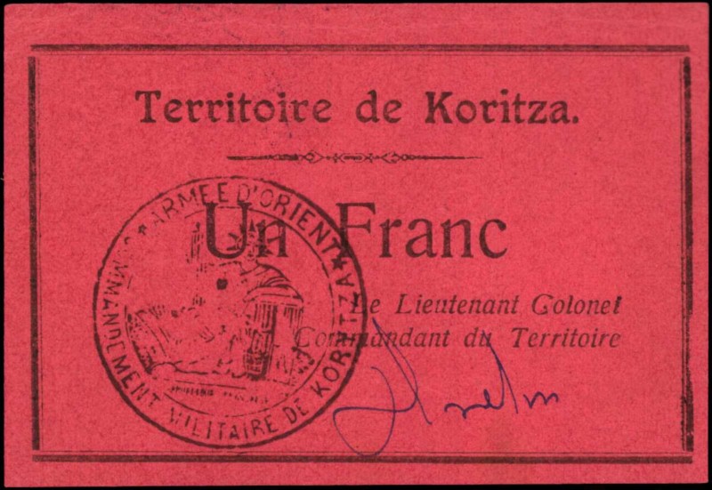 ALBANIA

ALBANIA. Territoire De Koritza. 1 Franc, 1920. P-S154. About Uncircul...