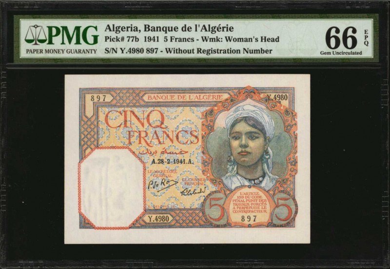 ALGERIA

ALGERIA. Banque de L'Algerie. 5 Francs, 1941. P-77b. PMG Gem Uncircul...