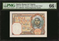 ALGERIA

ALGERIA. Banque de L'Algerie. 5 Francs, 1941. P-77b. PMG Gem Uncirculated 66 EPQ.

Estimate: $100.00- $200.00