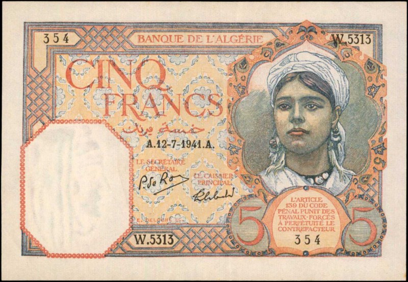 ALGERIA

ALGERIA. Banque de L'Alegerie. 5 Francs, 1941. P-77B. Very Fine.

E...