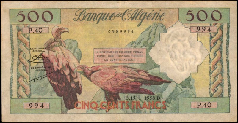 ALGERIA

ALGERIA. Banque de L'Alegerie. 500 Francs, 1958. P-117. Fine.

Vult...