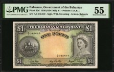 BAHAMAS

BAHAMAS. Government of the Bahamas. 1 Pound, 1936 ND (1963). P-15d. PMG About Uncirculated 55.

PMG comments "Small Tear."

Estimate: $...