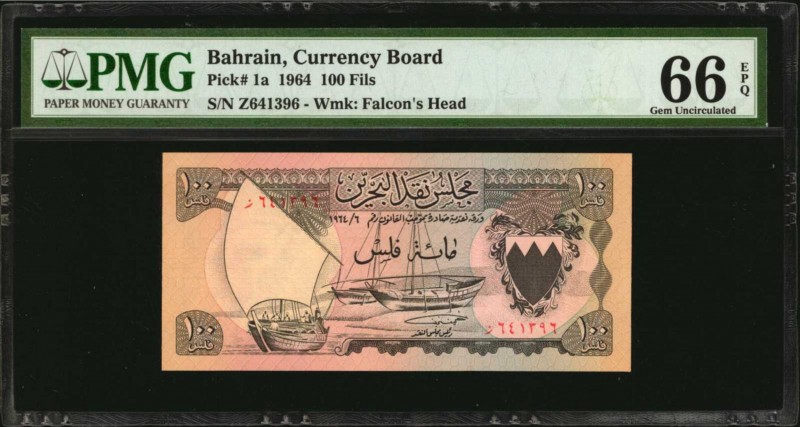 BAHRAIN

BAHRAIN. Currency Board. 100 Fils, 1964. P-1a. PMG Gem Uncirculated 6...