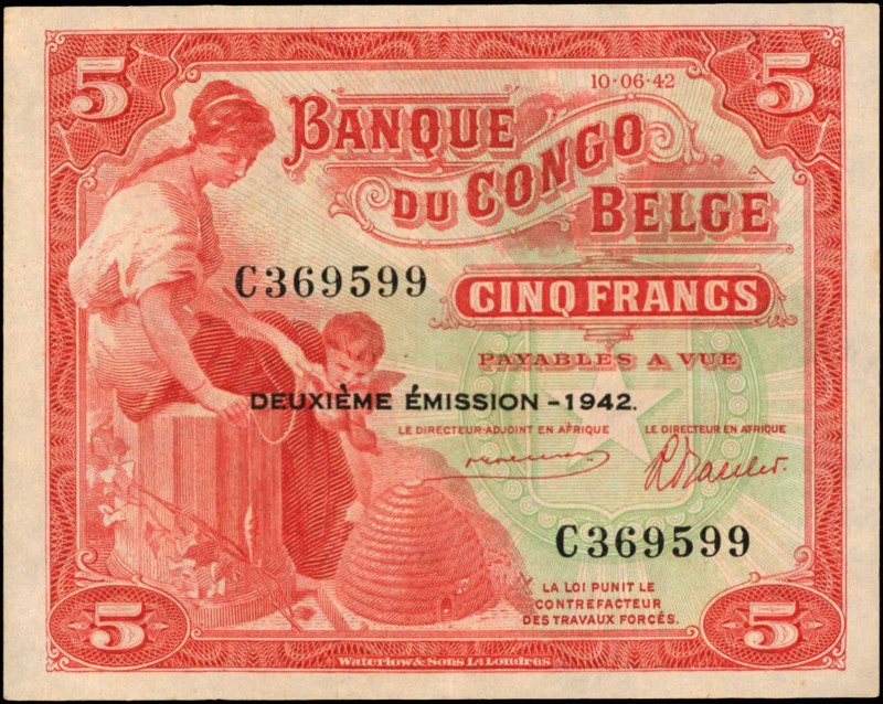 BELGIAN CONGO

BELGIAN CONGO. Banque Du Congo Belge. 5 Francs, 1942. P-13. Unc...