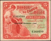 BELGIAN CONGO

BELGIAN CONGO. Banque Du Congo Belge. 5 Francs, 1942. P-13. Uncirculated.

A really special Deuxieme Emission 1942 type. Scarce thi...