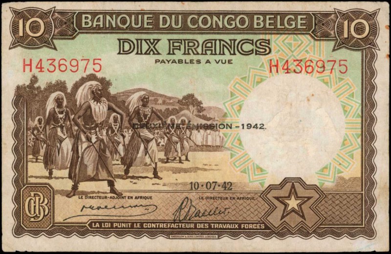 BELGIAN CONGO

BELGIAN CONGO. Banque du Congo Belge. 10 Francs, 1942. P-14B. V...