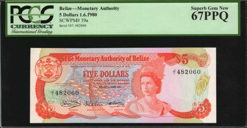 BELIZE

BELIZE. Monetary Authority. 5 Dollars, 1980. P-39a. PCGS Currency Supe...