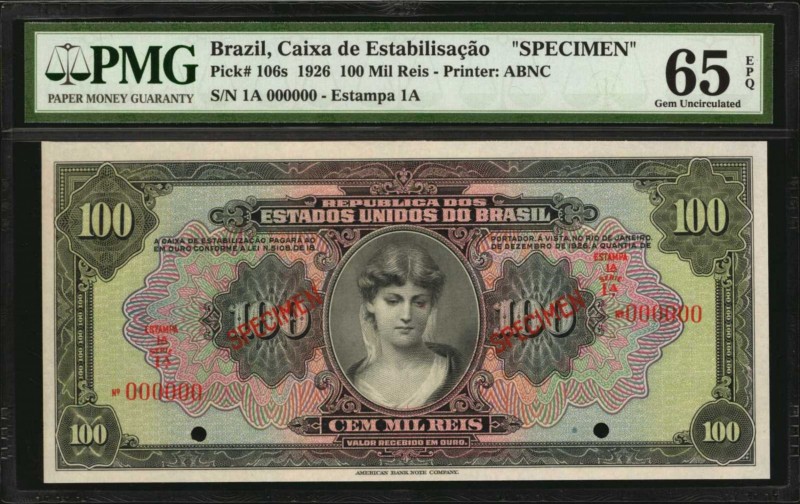 BRAZIL

BRAZIL. Caixa de Estabilisacao. 100 Mil Reis, 1926. P-106s. Specimen. ...