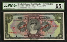 BRAZIL

BRAZIL. Caixa de Estabilisacao. 100 Mil Reis, 1926. P-106s. Specimen. PMG Gem Uncirculated 65 EPQ.

Printed by ABNC. Estampa 1A. PMG's pop...