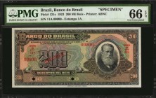 BRAZIL

BRAZIL. Banco do Brasil. 200 Mil Reis, 1923. P-121s. Specimen. PMG Gem Uncirculated 66 EPQ.

Printed by ABNC. Estampa 1A. PMG has graded j...