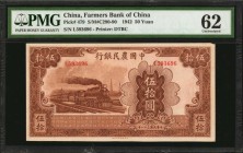 CHINA--REPUBLIC

CHINA--REPUBLIC. Farmers Bank of China. 50 Yuan, 1942. P-479. PMG Uncirculated 62.

Steam passenger train seen at center on face....