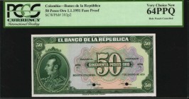 COLOMBIA

COLOMBIA. Banco de la Republica. 50 Pesos Oro, 1951. P-393p2. Face Proof. PCGS Currency Very Choice New 64 PPQ.

Hole punch cancelled.
...