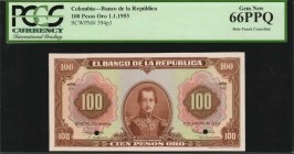 COLOMBIA

COLOMBIA. Banco de la Republica. 100 Pesos Oro, 1953. P-394p3. Proof. PCGS Currency Gem New 66 PPQ.

Hole Punch Cancelled.

Estimate: ...