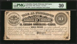 COLOMBIA

COLOMBIA. Estado Soberano del Cauca. 10 Pesos, 1882. P-S143b. PMG Very Fine 30.

Scarcer variety of the seal/stamp found on the reverse....