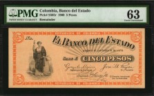 COLOMBIA

COLOMBIA. Banco del Estado. 5 Pesos, 1900. P-S505r. Remainder. PMG Choice Uncirculated 63.

PMG Pop 1/None Finer.

Estimate: $100.00- ...