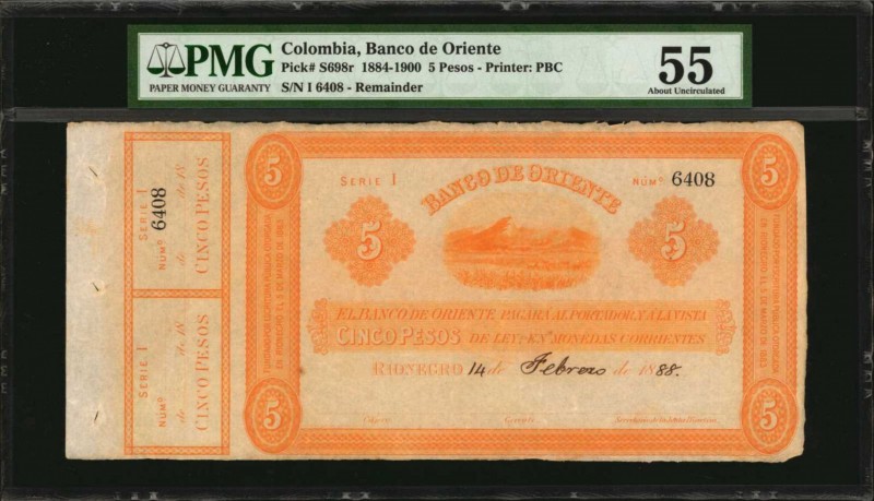 COLOMBIA

COLOMBIA. Banco De Oriente. 5 Pesos, 1884-1900. P-S698r. Remainder. ...