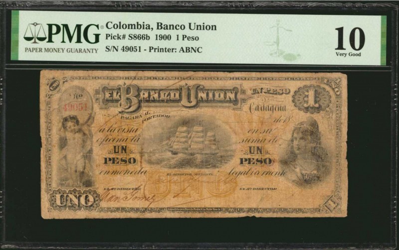 COLOMBIA

COLOMBIA. Banco Union. 1 Peso, 1900. P-S866b. PMG Very Good 10.

P...