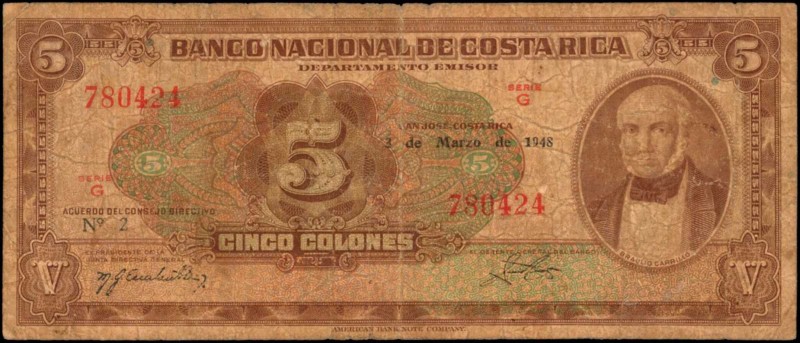 COSTA RICA

COSTA RICA. Banco Nacional de Costa Rica. 5 Colones, March 3, 1948...