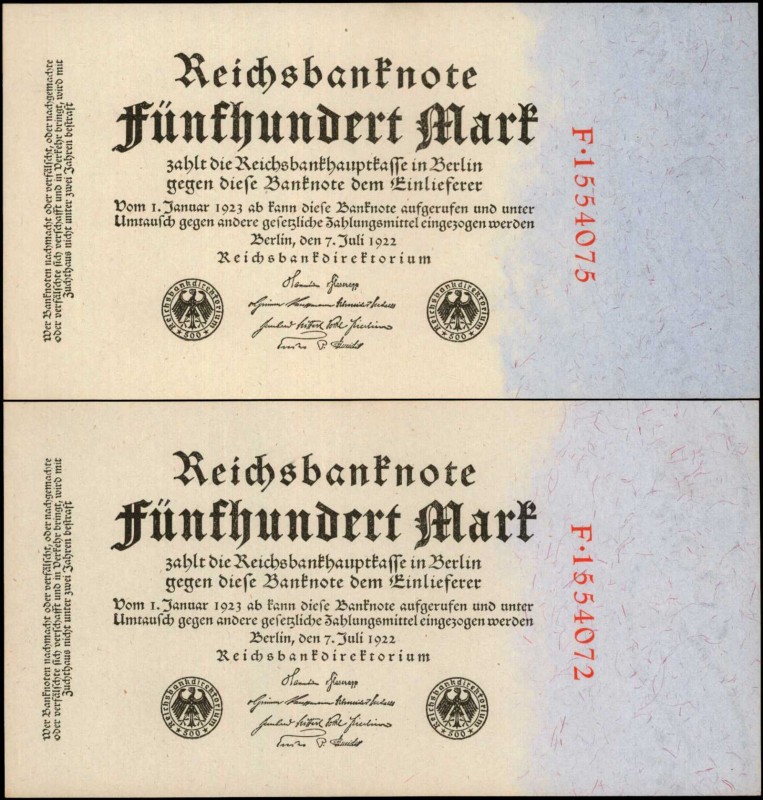 GERMANY

GERMANY. Lot of (2) Reichsbank. 500 Mark, 1922. P-74a. Uncirculated....