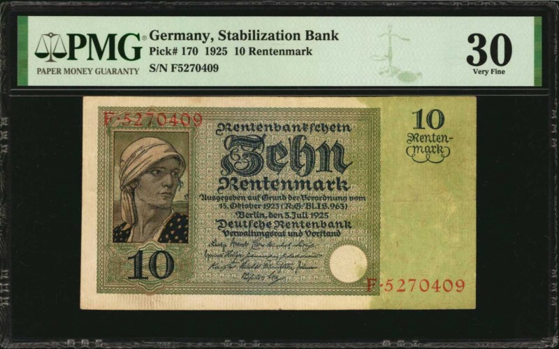 GERMANY

GERMANY. Stabilization Bank. 10 Rentenmark, 1925. P-170. PMG Very Fin...