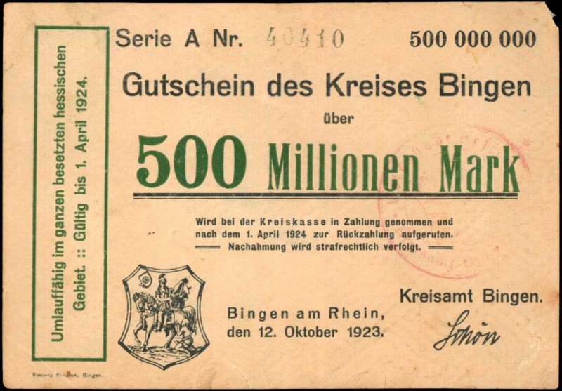 GERMANY

GERMANY. Gutschein des Kreises Bingen. 500 Millionen Mark, 1923. P-Un...