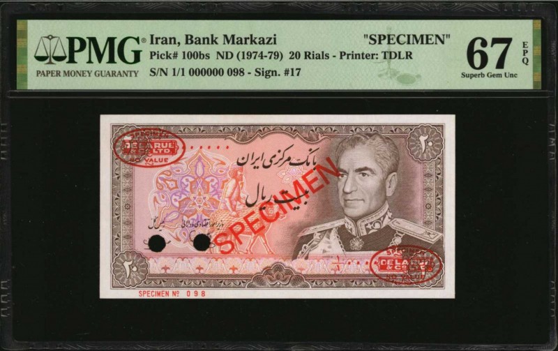 IRAN

IRAN. Bank Markazi. 20 Rials, ND (1974-79). P-100bs. Specimen. PMG Super...