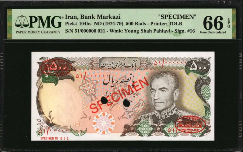 IRAN

IRAN. Bank Markazi. 500 Rials, ND (1974-79). P-104bs. Specimen. PMG Gem ...